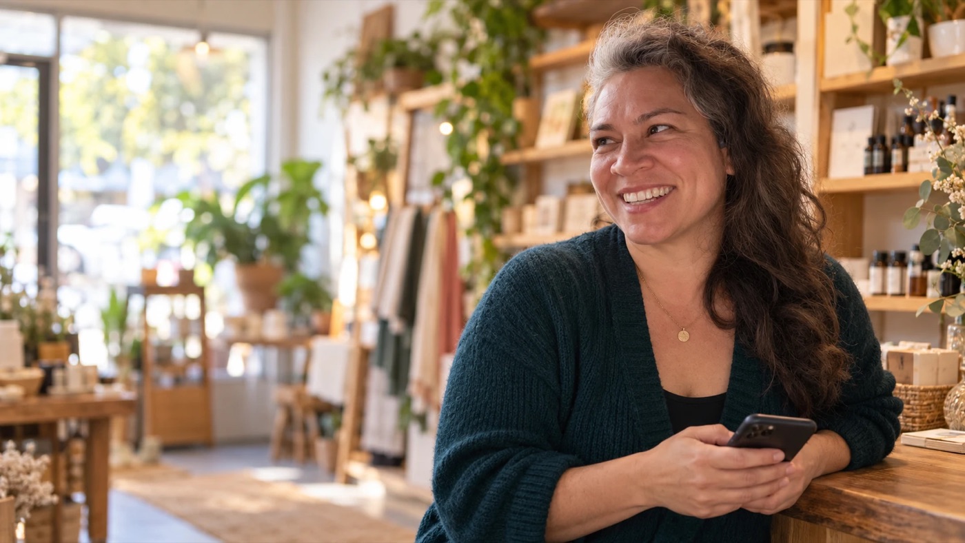 Belynda Ray smiling and holding her phone in a bright shop full of plants and shelves